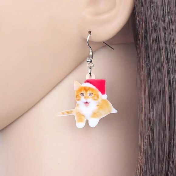 Tabby Cat Christmas Earrings Santa Holiday Orange - Picture 4 of 5